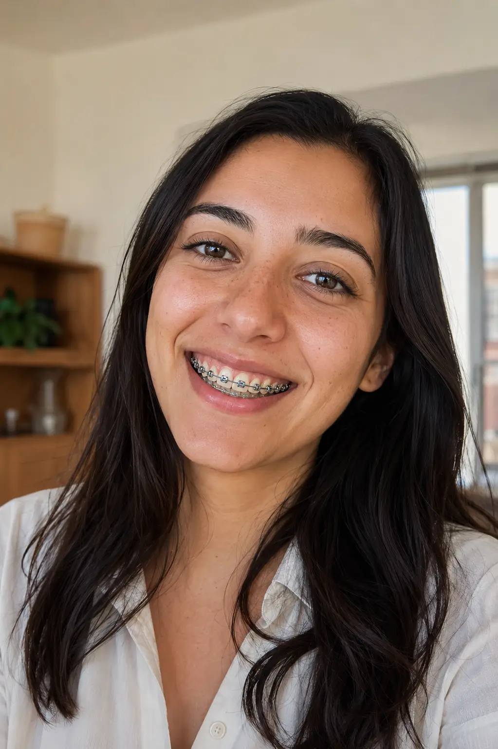 Paciente sonriente con brackets metálicos autoligables
