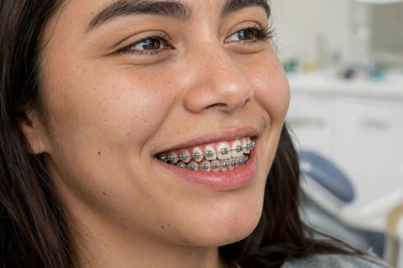 Brackets metálicos convencionales con ligaduras elásticas y arco de ortodoncia