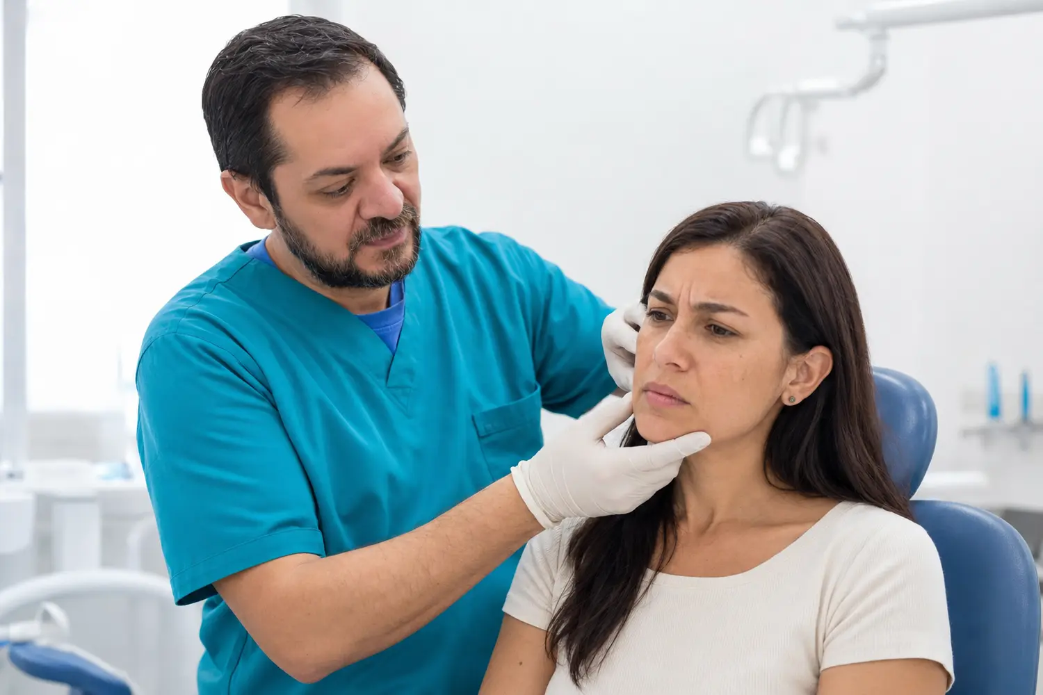 Dr. Iván Hidalgo evaluando la articulación temporomandibular de una paciente