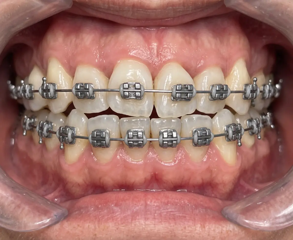Brackets metálicos convencionales con ligaduras elásticas y arco de ortodoncia