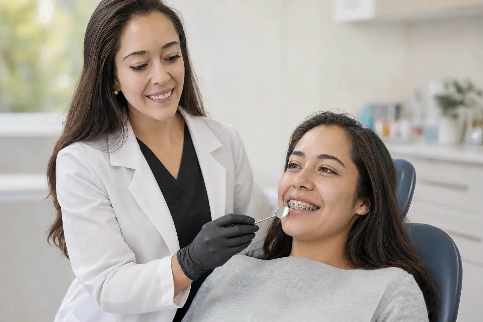 Dra. Natalia Contreras revisando los brackets metálicos de una paciente