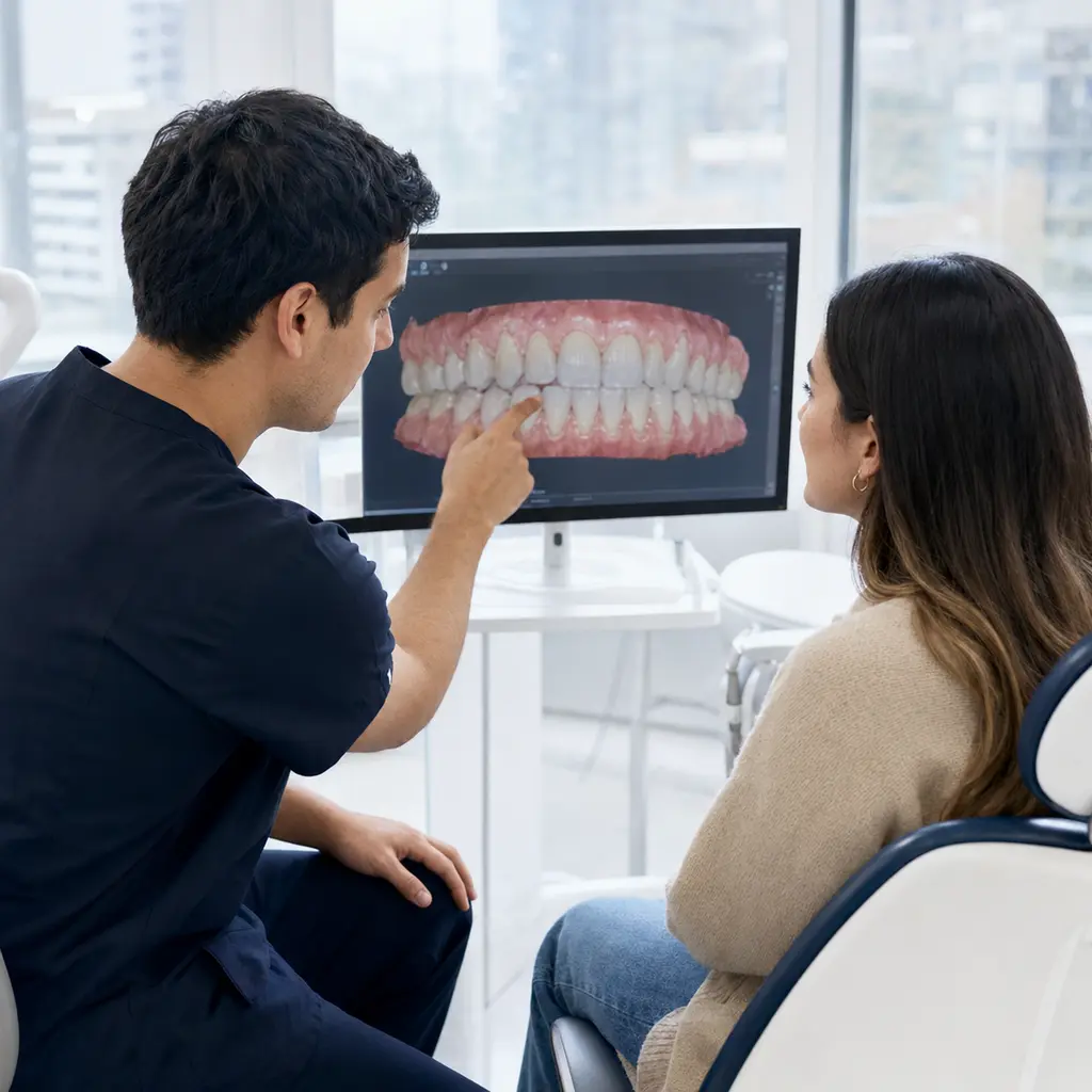Especialista y paciente revisando una planificación dental digital