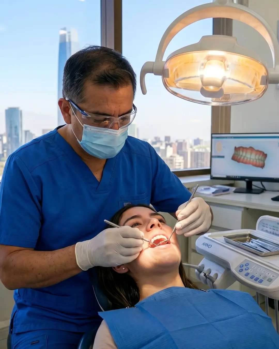 Especialista realizando una evaluación dental inicial a una paciente