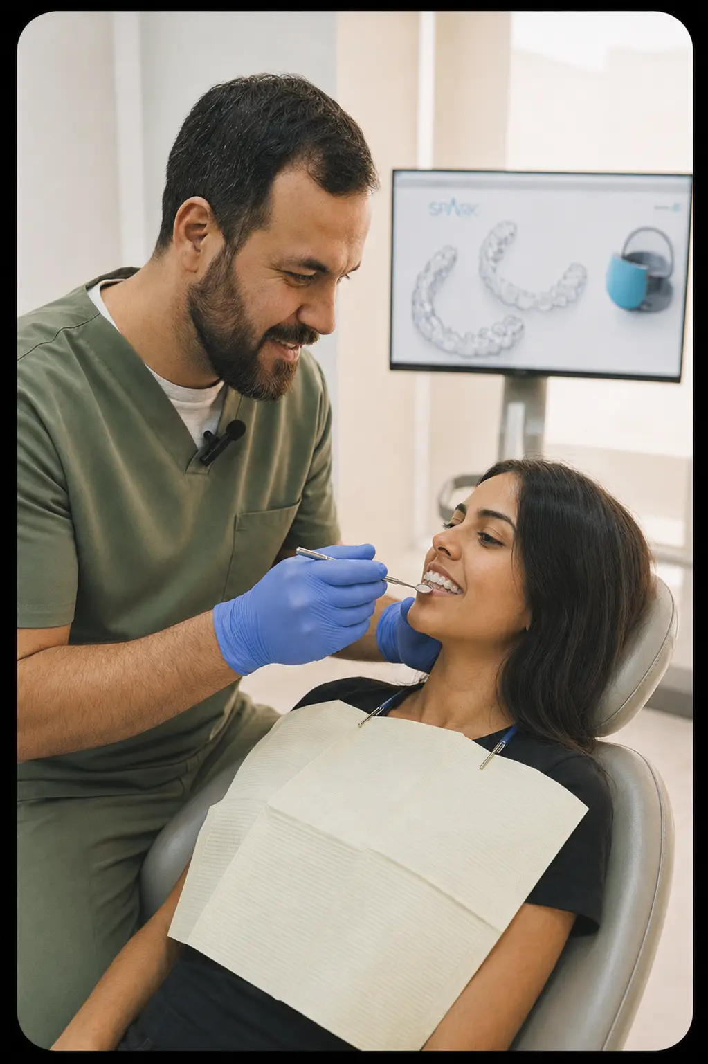 Especialista revisando la evolución dental de una paciente durante un control