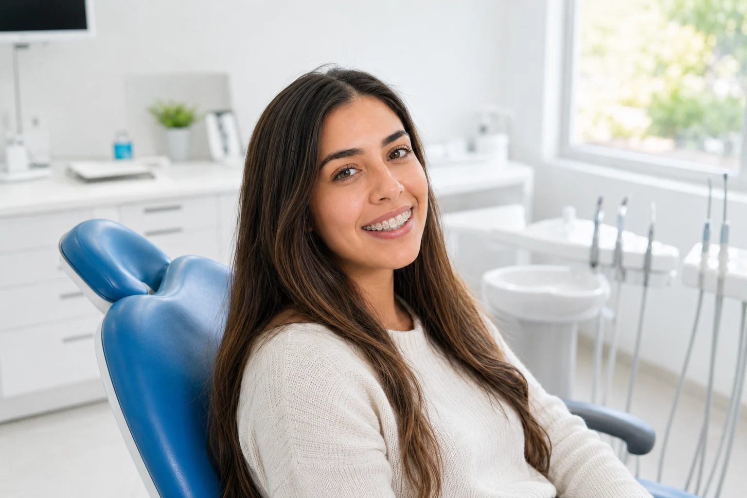 Paciente con brackets cerámicos sonriendo en una clínica dental