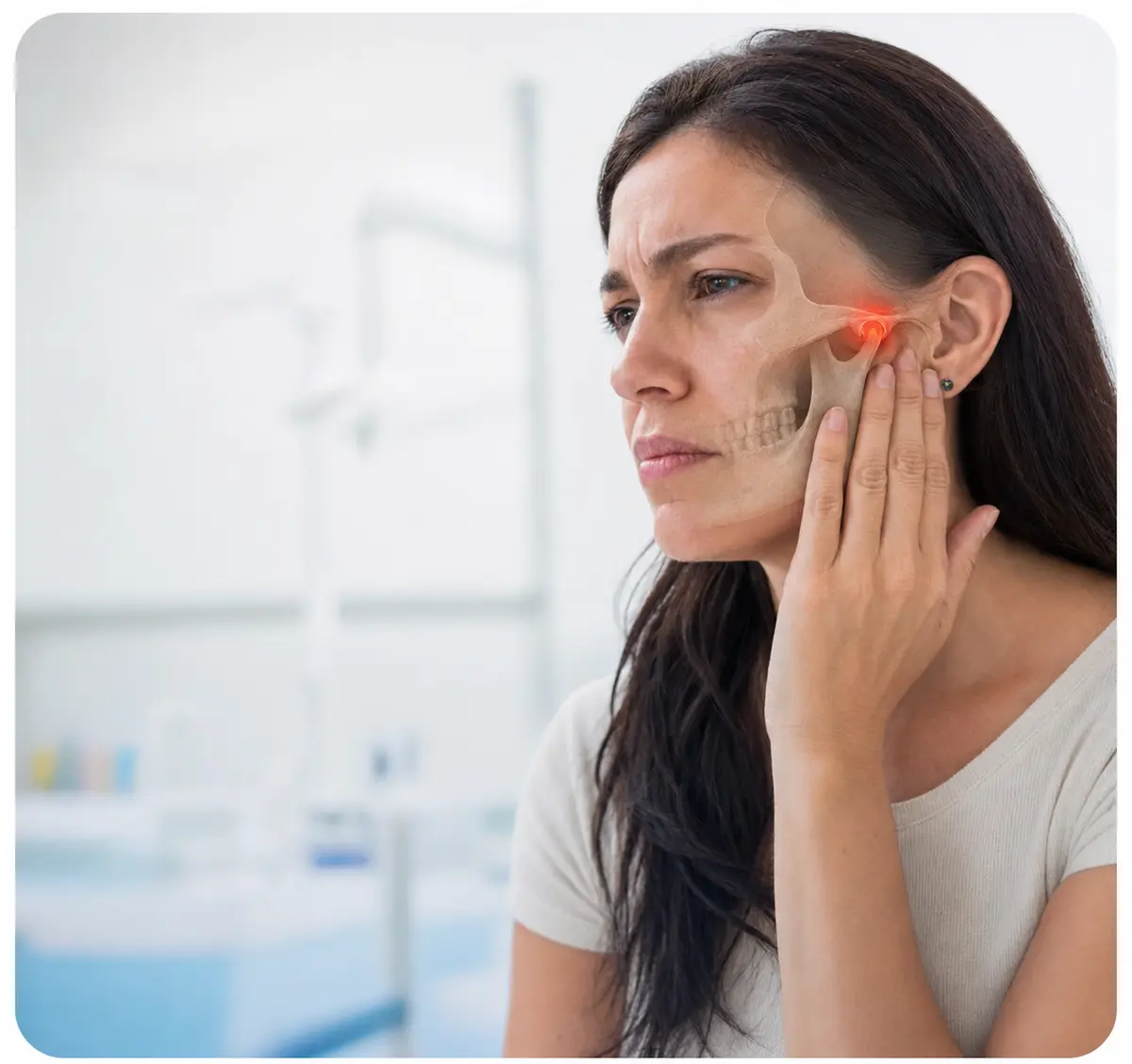 Mujer con dolor y visualización anatómica de la articulación temporomandibular