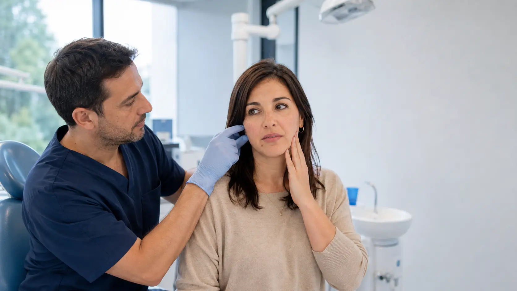 Especialista evaluando la articulación mandibular de una paciente