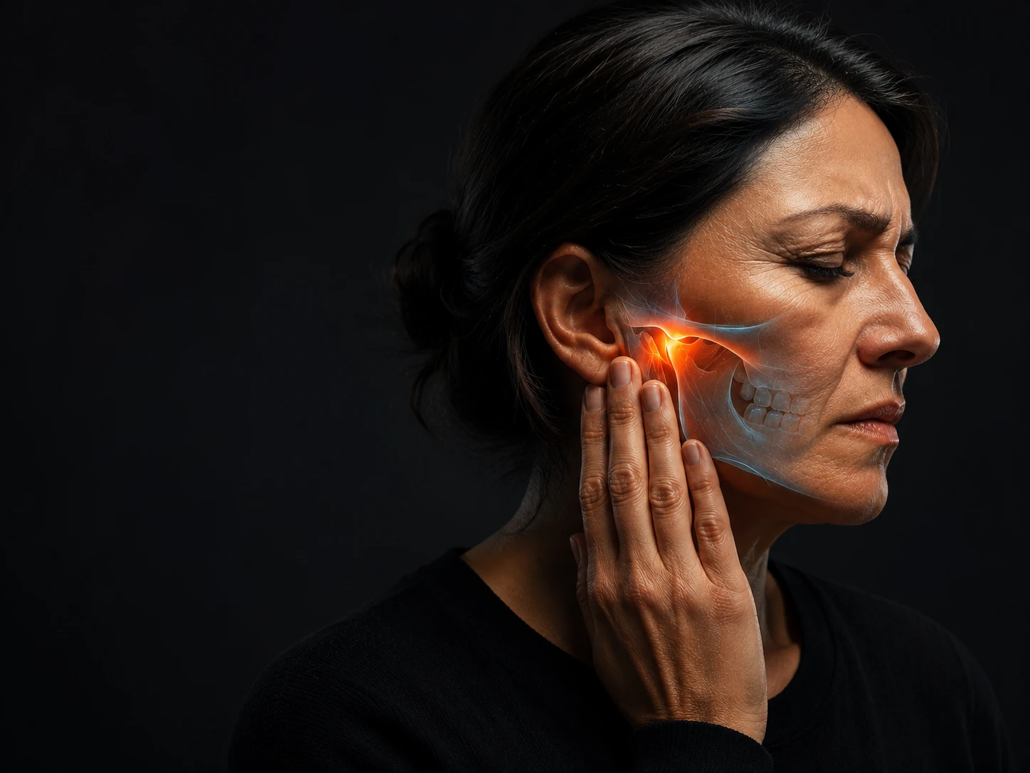 Mujer con dolor en la articulación temporomandibular, orientada hacia la derecha
